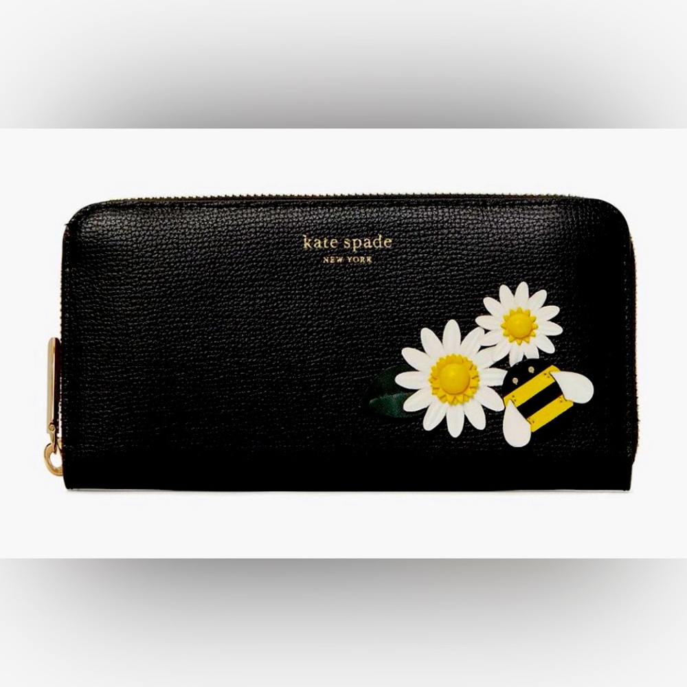 NEW kate spade Buzz Zip Around Continental 3D Bee White Daisy Embellished Wallet